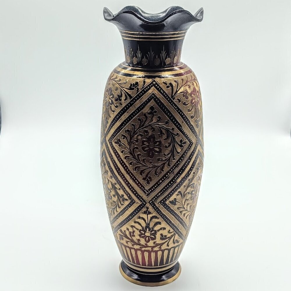 Handmade Fluted Rim Floral Geometric Etched Brass Vase